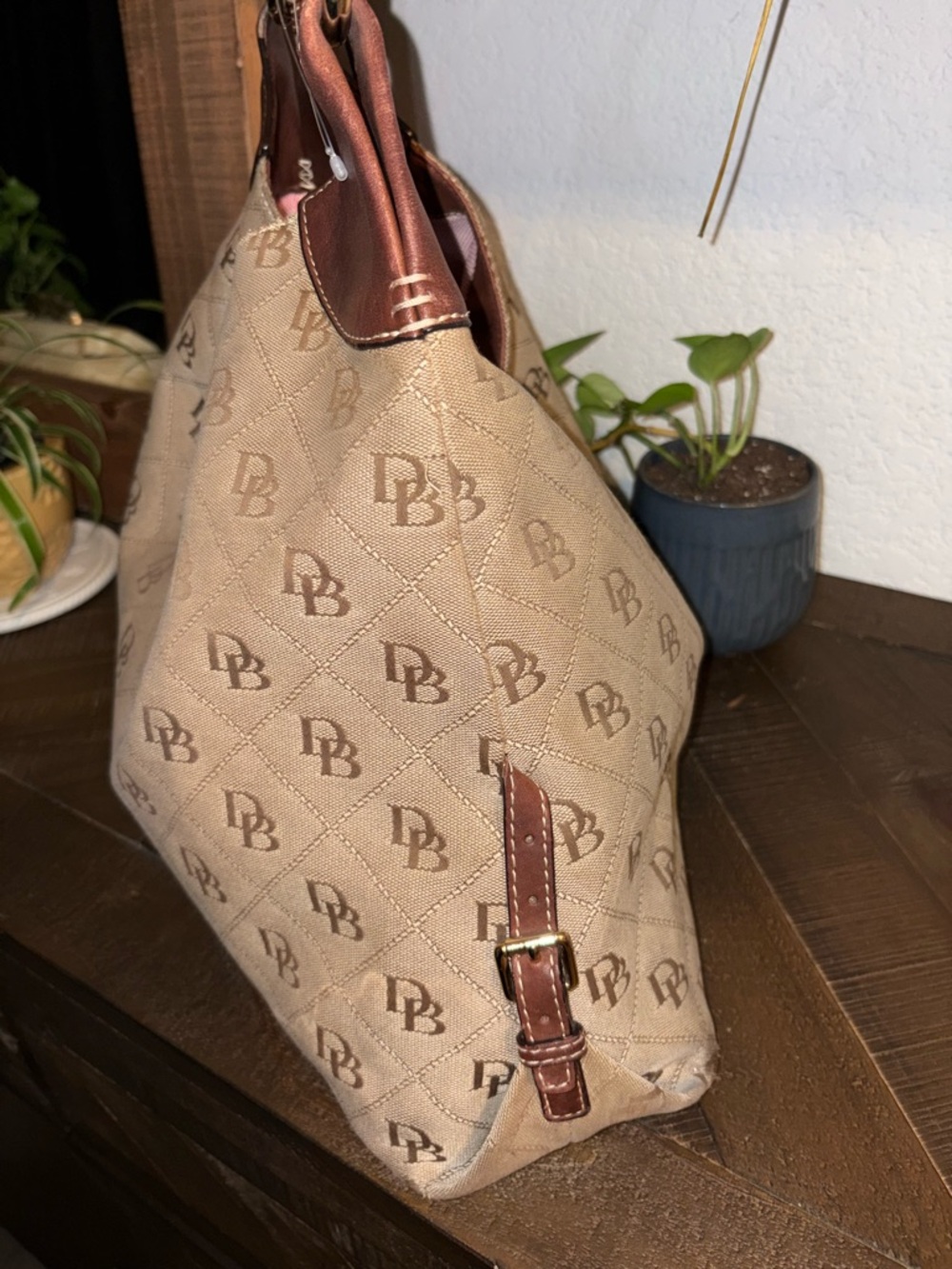 Dooney & Bourke Beige Canvas Logo Hobo with Brown Leather Trim - Picture 6 of 9